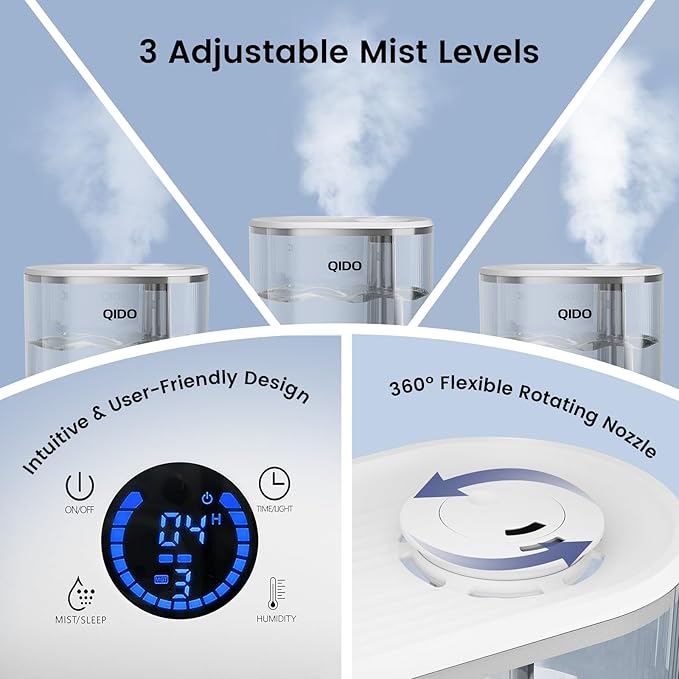 QIDO Top Fill Humidifiers for Bedroom, 5 L Cool Mist 36H Super Long Time, Quiet 28dB Essential Oil Diffuser for Baby & Plants, 3 adjustable Mist with Touch/APP/7-color Nightlight, Auto Shut-off, White