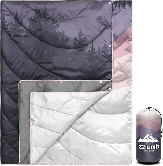 zzlamb Camping Blanket for Cold Weather,Outdoor Puffy Blanket Portable Down Alternative,Windproof Warm Cloak with Snaps,Cozy Quilt Backpacking Picnic RV Travel Plane Car Hammock Beach Climbing