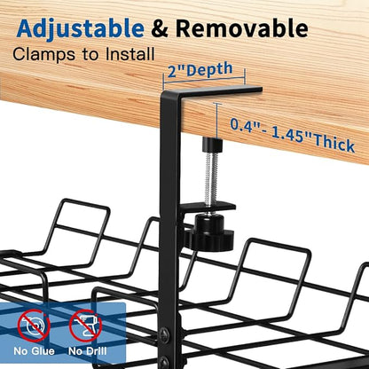 No Drill Under Desk Cable/Wire Management Tray, 2 Pack Sturdy Alloy Steel Wire Organizer Under Desk Basket for Office and Home Standing Desk