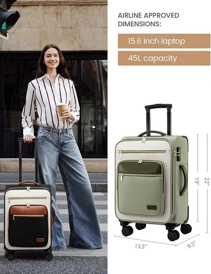 LOVEVOOK Carry on 22x14x9 Airline Approved,20 inch Lightweight Waterproof Suitcases with 360° silent swivel wheels, TSA Lock and Compartment, Large Capacity travel Suitcase Green-white