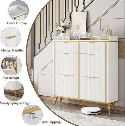 Fluted Shoe Cabinet Storage, Modern Slim Shoe Organizer Cabinet with 4 Flip Drawers & 2 Drawers, Wooden Freestanding Shoe Rack Cabinets for Entryway, Foyer, Hallway, White
