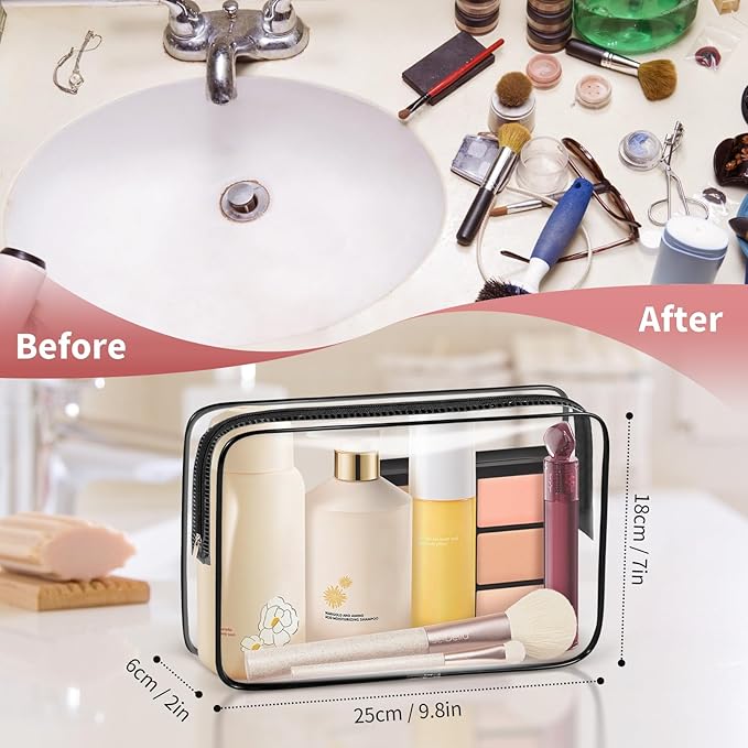 TISRATOK 12 PCS Clear Makeup Bag for Women with Zipper, TSA Approved Toiletry Pouch, Cosmetic Bag Bulk for Travel Organizer Essentials - Black,Large