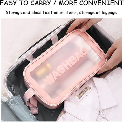 Clear Travel Bags for Toiletries, 3Pcs Portable PVC Waterproof Cosmetic Bags, Transparent Travel Storage Carry Pouch, Toiletry Bags and Cosmetics Organizer for Women Men (Pink)