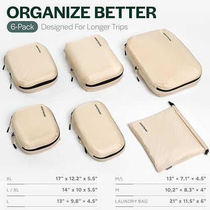 Aerotrunk Ultralight Compression Packing Cubes - Lightweight Travel Organizers for Suitcases and Luggage (6-Pack, Beige)