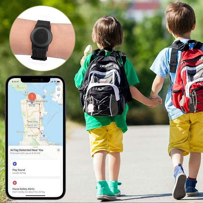 Vanjua Wristband for Apple AirTag, Protective Case Compatible with Air Tag GPS Tracker Holder with Braided Bracelet, Adjustable Anti Lost Watch Band for Toddler Child Elder (Black)