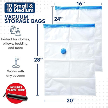 20 Pack Variety Vacuum Storage Bags for Comforters, Blankets & Clothes – Vacuum Sealed Compression Bags with Hand Pump – Space Saver Storage Bags for Bedding, Moving, Travel & Organization (10S & 10M)