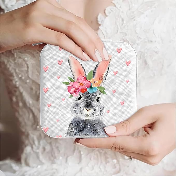 MAYCARI Jewelry Box with Cute Bunny Pattern Design, PU Leather Jewelry Travel Organizer Case-Rings/Earrings/Necklace Storage Box for Women Birthday Mom Friends Her Bridesmaids Girls s
