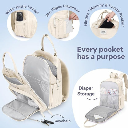 RUVALINO Diaper Bag Backpack-Multifunction Baby Travel Bag with Changing pad, Insulated Bottle Holders & Pacifier Case, Large Capacity, Waterproof, Beige