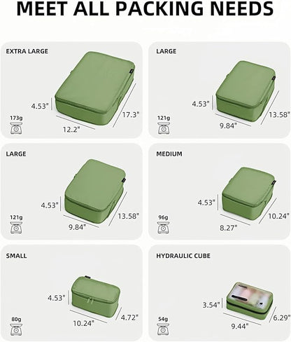 Compression Packing Cubes for Travel, 6-Piece Set (L/M/S), Double-Zip Luggage Organizers with Mesh Panels, Space-Saving Clothes Storage Bags for Suitcase & Carry-On (6 Pack, Forest Green)