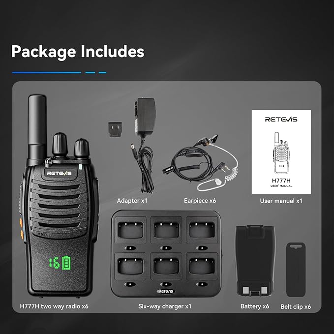 Retevis H-777H Walkie-Talkies with 6 Way Gang Charger,2 Way Radios with Earpiece,Hidden LED Segment Displays,Flashlight,USB-C,VOX,Portable FRS Two-Way Radios for Retail Property Church Hotel(6 Pack)