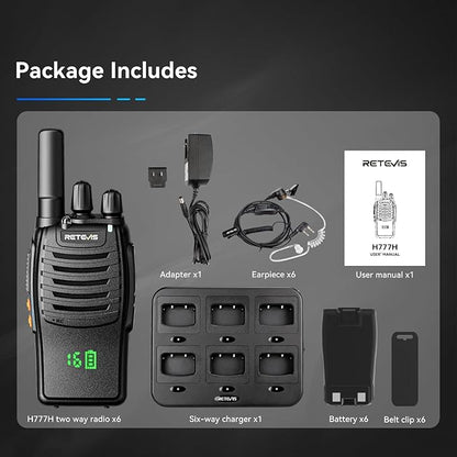 Retevis H-777H Walkie-Talkies with 6 Way Gang Charger,2 Way Radios with Earpiece,Hidden LED Segment Displays,Flashlight,USB-C,VOX,Portable FRS Two-Way Radios for Retail Property Church Hotel(6 Pack)