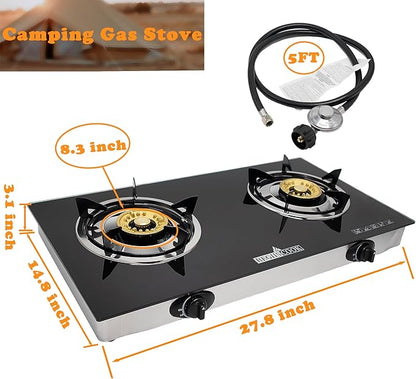 2 Burner Propane Gas Cooktop,Camping Portable LPG Gas Stove, Auto Ignition Tempered Glass Countertop with Regulator Burner Grate