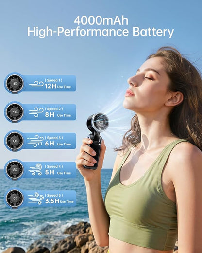 Portable Handheld Turbo Fan - 5 Gear High Speed 4000mAh Rechargeable Mini Personal Hand Fan Blow Cold Air, Battery Operated Travel Essentials, Beach Vacation, Gifts for Women, Men (Black)