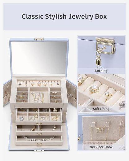 Vlando Jewelry Box for Girls, 4-Tier Jewelry Organizer with Lock, Mirror Jewelry Box for Earring, Ring, Necklace and Bracelets - Purple