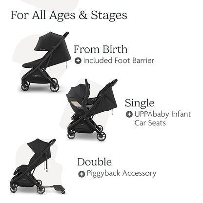 UPPAbaby Minu V3 Travel Stroller | Lightweight + Compact Design | One-Hand Fold + Unfold | from Birth + Overhead Compatible | Jake (Charcoal/Carbon Frame/Black Leather)