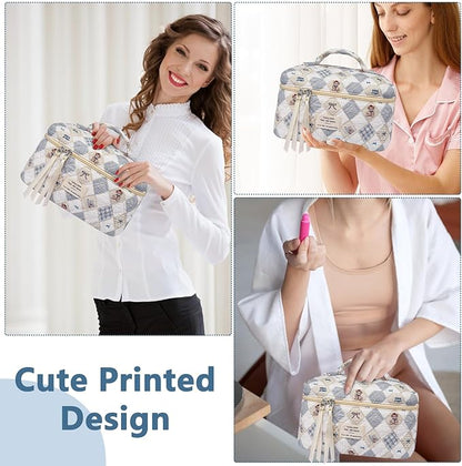 Large Makeup Bag, Cute Cosmetic Bag for Women Girls, Floral Coquette Aesthetic Toiletry Bag, Travel Make Up Organizer Bag (Check Bear)