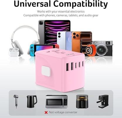 Acer Universal Travel Plug Adapter - International Power Adapter with 5 USB Ports (3 USB C) 5.8A, Worldwide Outlet Charger for USA to European UK France Germany Spain, Type C/E/F/G/I/L/A,Pink