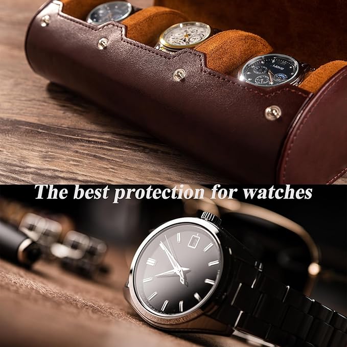 MR.OKAY 3 Watch Travel Case- Classic Leather Watch Case With Superb Texture.Portable Watch Roll Or Organizer For Storage And Display. Men's Great Gift For Traveling, 100% Handmade by Artisans.