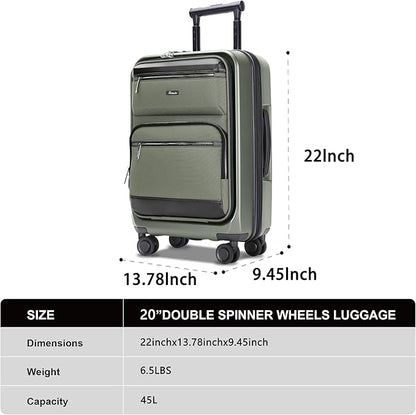 Luggage Sets 2 Piece, Carry On Luggage with Front Pocket & USB Port and 28 Inch Expandable Checked Luggage, Hybrid Soft Front & Hard Shell Suitcases with Spinner Wheels & TSA Lock, Green