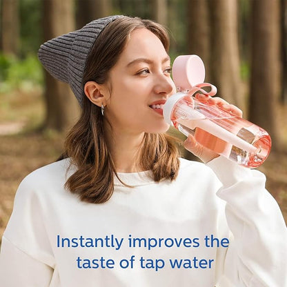 PHILIPS Filtered Water Bottle, BPA-Free Tritan Plastic Water Bottles, Replaces 450 Plastic Water Bottle with Reusable GoZero Everyday Water Filter, Portable Filtering Bottle for Travel, 22 oz, Pink