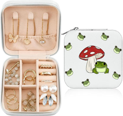 MAYCARI Jewelry Box with Cute Mushroom Frog Pattern Design, PU Leather Jewelry Travel Organizer Case-Rings/Earrings/Necklace Storage Box for Women Birthday Mom Friends Her Bridesmaids Girls s