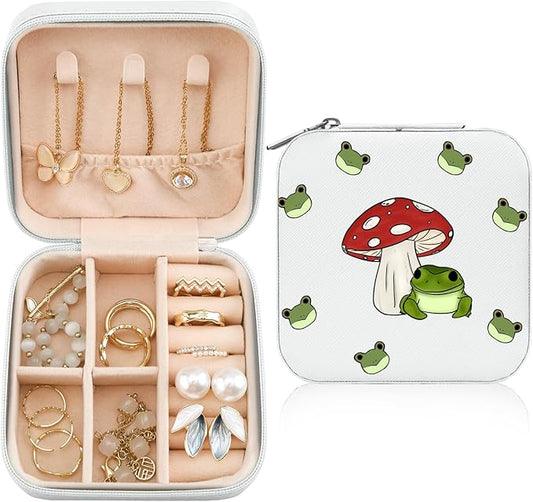 MAYCARI Jewelry Box with Cute Mushroom Frog Pattern Design, PU Leather Jewelry Travel Organizer Case-Rings/Earrings/Necklace Storage Box for Women Birthday Mom Friends Her Bridesmaids Girls s