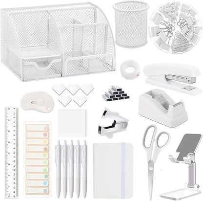 Office Supplies,Desk Accessories,Stapler and Tape Dispenser Set,1000 Staples,Staple Remover,Pen Holder,Folding Phone Holder,Journal Notebook,Ballpoint Pen,Scissor,Ruler,Clear Tape,Sticky Notes,Ect