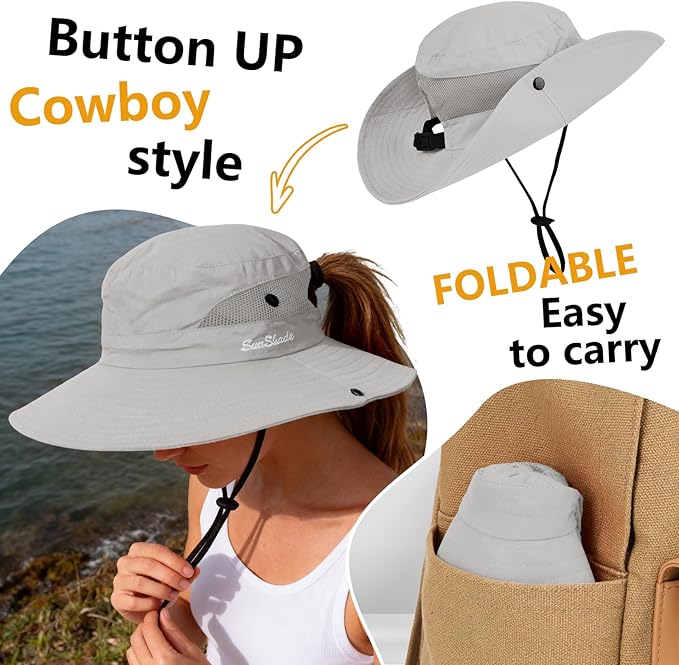 ZOORON Women's Ponytail Safari Sun Hat,Wide Brim UV Protection Outdoor Bucket Hat,Foldable Beach Summer Fishing Hat