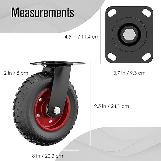 Houseables Cart Wheels, Rubber Caster Wheels, Large Caster, 8 Inch, Swivel, Heavy Duty, Outdoor, Off Road, Offroad, All Terrain, Flat Free Tire, No Flat, Industrial, Castor, for Dolly, Utility Cart