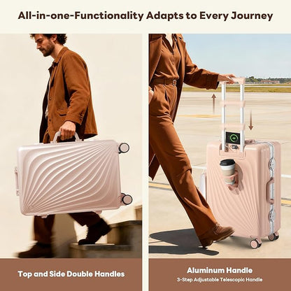 3-Piece Hardside Luggage Sets Aluminum Frame, 20+24+28 Inch Suitcases with USB Charging Port, Foldable Cup Holder, TSA Locks & Spinner Wheels for Travel, Light Pink