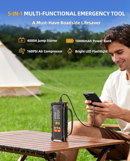 Battery Jumper Starter Portable, Jump Starter with Air Compressor-4000A 12V (7.0L Gas/ 6.0L Diesel) with 160PSI Tire Inflator, 10000mAh Jump Box Car Battery Jump Starter, Jumper Cables, LED Light