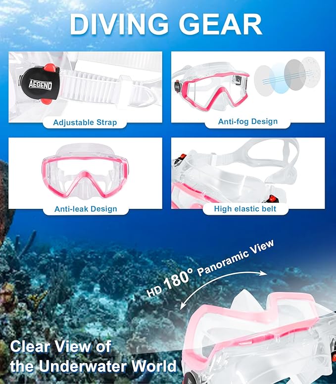 Aegend Snorkeling Gear for Adults Youth Kids, Dry Snorkel Set Panoramic View Enhanced Anti-Leak and Anti-Fog Technology, Adjustable Strap for Snorkeling Scuba Diving Swimming with Mesh Bag