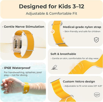 EmeTerm Explore for Kids FDA-Cleared Anti-Nausea Wristband IP68 Waterproof Morning Motion Sickness Relief Band Rechargeable Classic Strap Design Drug Free Non-drowsy Without Side Effects Sunny Yellow