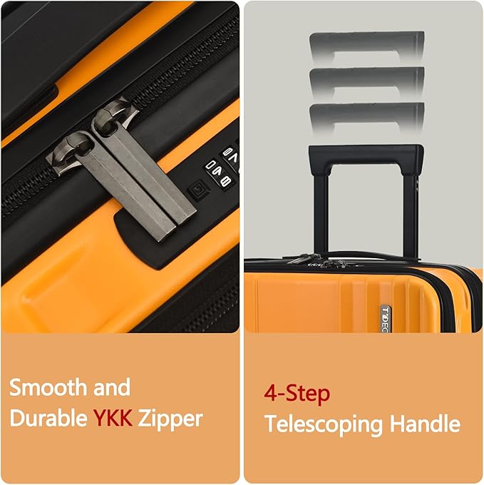 TydeCkare 16" Carry on Luggage with 2 Laptop Compartments, Lightweight Hardshell ABS+PC Suitcase with Dual Control TSA Lock, with YKK Zipper, 4 Spinner Silent Wheels, for Business Travel, Orange
