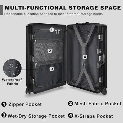 AnyZip Luggage Sets 2 Piece Aluminum Frame Carry On and Checked Suitcase PC ABS Hard Shell TSA Lock No Zipper(Black, 20/28)