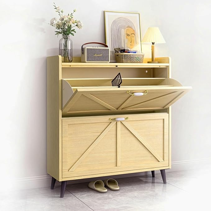 Shoe Storage Cabinet for Entryway with 2 Flip Drawers, Narrow Metal Shoe Cabinet with Anti-Tip, Holds 12-16 Pairs, Freestanding Shoes Cabinets Storage for Entryway, Foyer, Hallway
