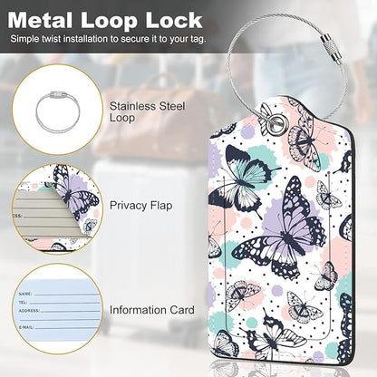 2Pack Luggage Tags for Suitcases, Cute Unique Pu Leather Cruise Luggage Tag with Privacy Cover ID Label Address Card and Metal Ring Suitable for Women Men Kids Travel Bag Colorful Butterfly 1