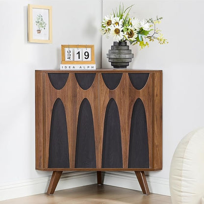 Small Corner Cabinet,Corner Floor Cabinet with Adjustable Doors and Shelve, Freestanding Narrow Storage Organizer for Kitchen Living Room Bathroom (Walnut and Black)