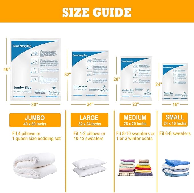 Vacuum Storage Bags 8 Large(31.49"x23.62"), Plastic Packaging Bags,Space Saver Sealer Bags, Airtight Compression Bags for Clothes, Pillows, Comforters, Blankets, Bedding