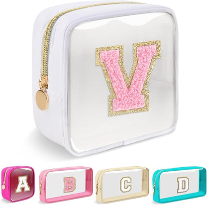 Mini Clear Personalized Initial Makeup Bag,Small Nylon Waterproof Zip Beach Cosmetic Pouch,Preppy A-Z Chenille Letter Patch Cute Coin Purse Travel Toiletry Bag Car Pack Bag for Women(White-Pink V)