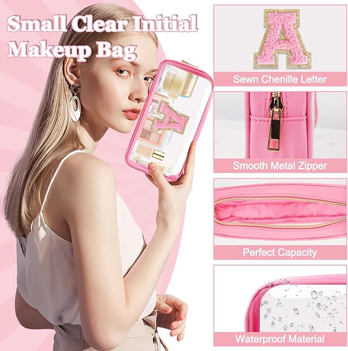Small Clear Personalized Initial Makeup Bag,Nylon Preppy A-Z Chenille Letter Patch Cosmetic Pouch Beach Toiletry Bag,Waterproof Zipper Travel Purse Storage Bag Organizer for Women Girls(Pink-Pink A)