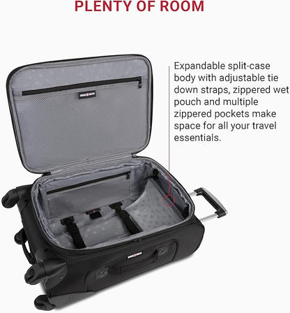 SwissGear Sion Softside Expandable Luggage – Carry-On Suitcase with 360 Degree Wheels & Retractable Handle – 21 Inch, Perfect for 1-3 Night Trips – Black