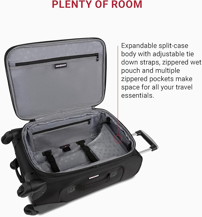 SwissGear Sion Softside Expandable Luggage – Medium Checked Suitcase with 360 Degree Wheels & Retractable Handle – 25 Inch, Perfect for 1-7 Night Trips – Black
