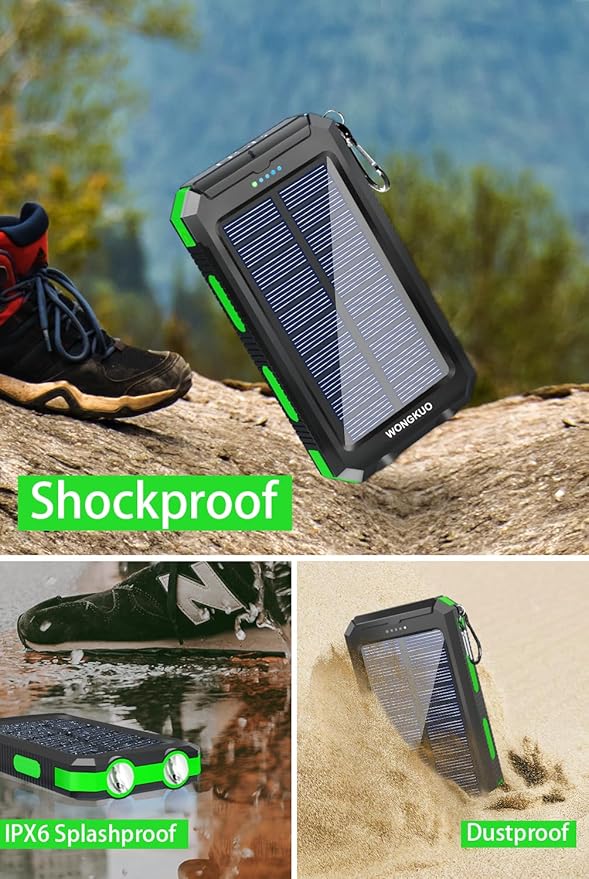 WONGKUO Solar Charger Power Bank - 36800mAh Solar Phone Charger, QC3.0 Fast Charger with LED Flashlight, IP65 Waterproof Portable Power Bank for Outdoor Activities (Matte Green)
