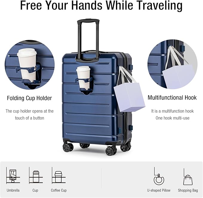 KYME Suitcases with Wheels Hard Shell 26 Inch Luggage with TSA Lock Durable Medium Checked Travel Rolling Luggage with Cup Holder for Women Men Navy