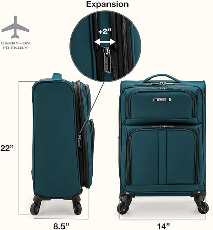 U.S. Traveler Anzio Softside Sturdy Ballistic Nylon Expandable Travel Suitcase Luggage with 4 Spinner Wheels, Teal, Carry-on 22-Inch
