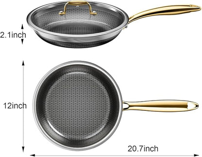 Fogdream 12” Non Stick Frying Pans, Stainless Steel Skillet with Lid, Tri-Ply Stainless Steel for All Cooktops, Dishwasher and Oven-Safe Cooking Pan, Stay-Cool Handle, Gold