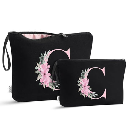Vavabox A-Z Personalized Makeup Bag, Birthday Gifts for Women Mom, Gifts for Best Friend, Bride Bridesmaid Cosmetic bag (C, 04-Black Set)