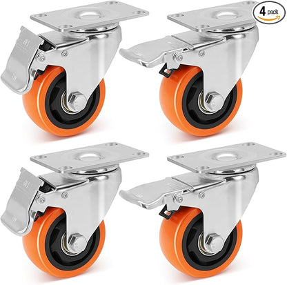 WBD WEIBIDA 3 Inch Swivel Caster Wheels with Brake, Safety Dual Locking Casters Set of 4 Heavy Duty of 1000lbs, Premium Polyurethane Wheels for Furniture and Workbench((Screws and Spanner)