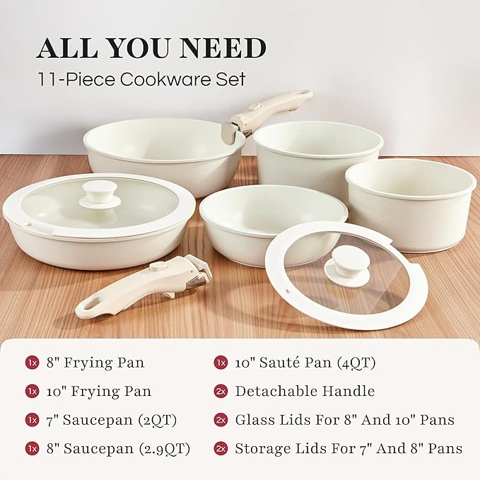 GOURMETIFIC® Pots and Pans Cookware Set [11 PIECES] - Non Toxic Ceramic Coated Cooking Ware - Induction, Gas & Oven Kitchenware - Non Stick Pot & Pan with Removable Handles & Stackable (Taupe)